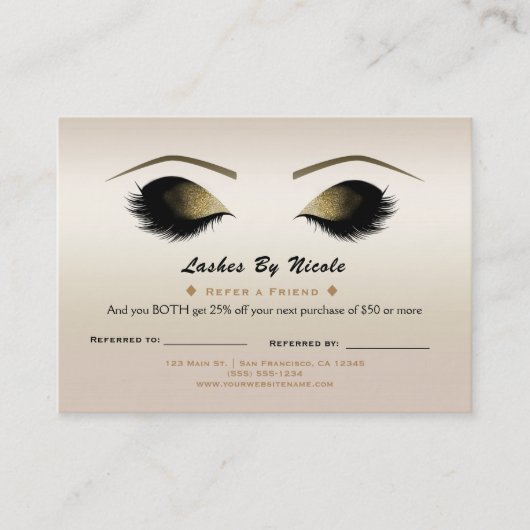 Champagne Pearl Lashes Refer Friend Aftercare Aanbevelingskaartje (Voorkant)