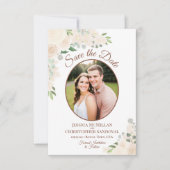 Champagne Perzik Boho Bloemige Ovale Foto Bruiloft Save The Date (Voorkant)