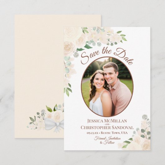 Champagne Perzik Boho Bloemige Ovale Foto Bruiloft Save The Date (Voorkant / Achterkant)
