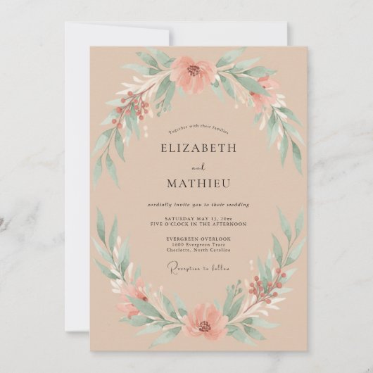 Champagne Perzik Loof Eucalyptus Bruiloft Kaart (Voorkant)