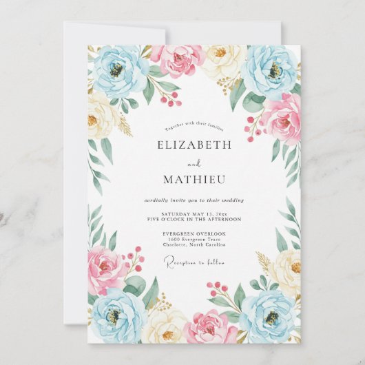 Champagne Perzik Ranunculus Eucalyptus Bruiloft Kaart (Voorkant)