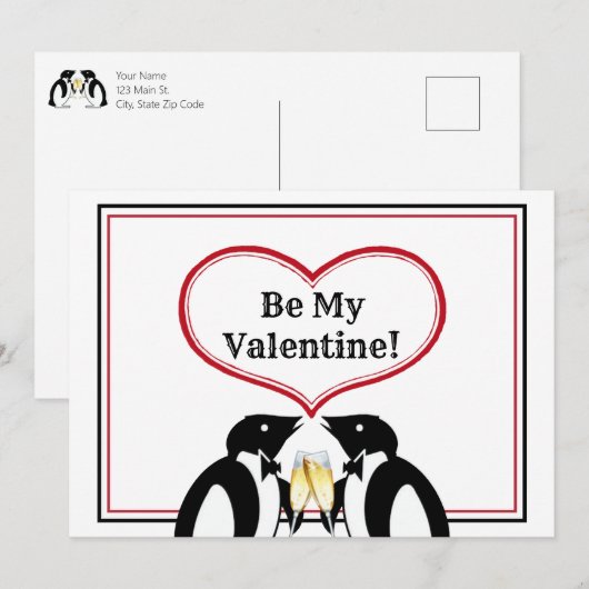 Champagne Pinguïns Valentijn Kaart (Voorkant / Achterkant)