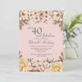 Champagne Pink Floral 40th Birthday Party Kaart (Staand voorkant)