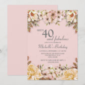 Champagne Pink Floral 40th Birthday Party Kaart (Voorkant / Achterkant)