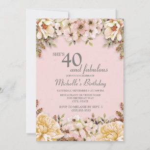 Champagne Pink Floral 40th Birthday Party Kaart