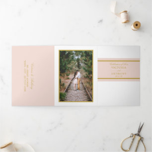 Champagne Pink & Gold Modern Wedding Suite Drieluik Uitnodiging