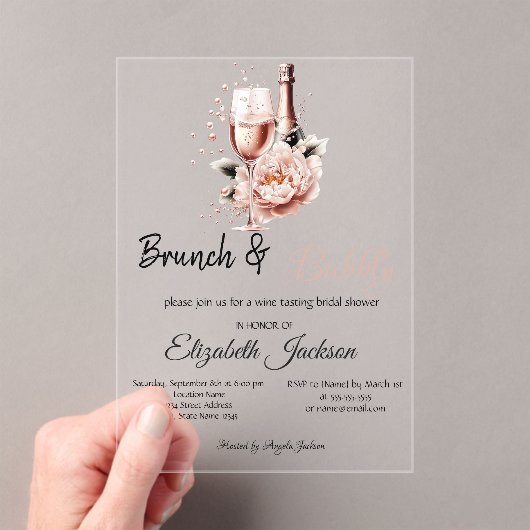 Champagne Pink Rose Brunch & BubblyBridal Shower Acryl Uitnodigingen (Insitu (Draagbaar))