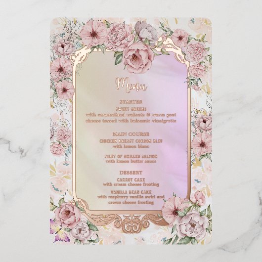 Champagne Pioen Bruiloft Folie Menu Kaart (Voorkant)