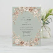 Champagne Pioen Celadon Bruiloft Kaart (Staand voorkant)