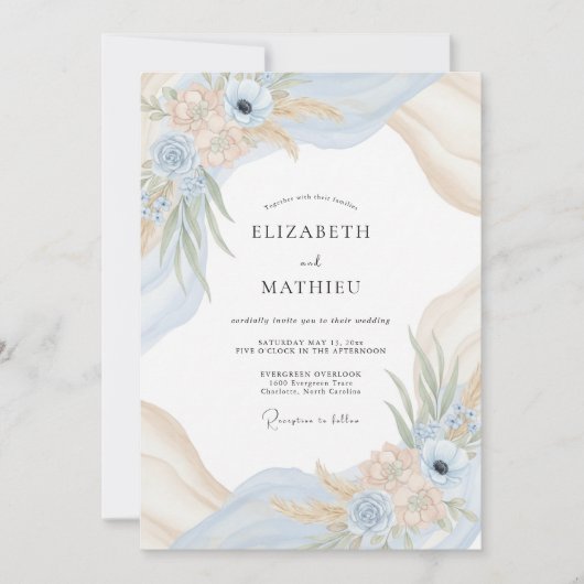 Champagne Poeder Blauw Eucalyptus Bruiloft Kaart (Voorkant)