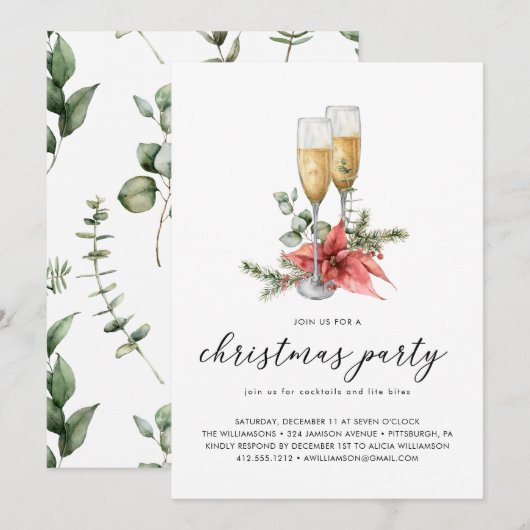 Champagne Poinsettia en Greenery Kerstparty Kaart (Voorkant / Achterkant)