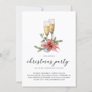 Champagne Poinsettia en Greenery Kerstparty Kaart