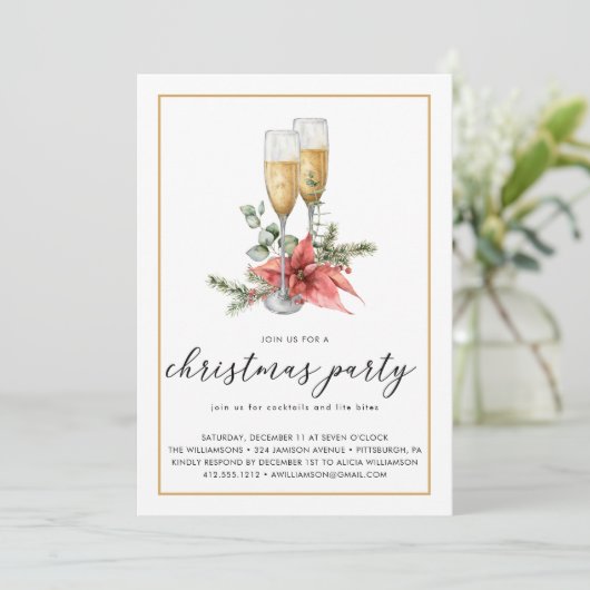 Champagne Poinsettia en Greenery Kerstparty Kaart (Staand voorkant)