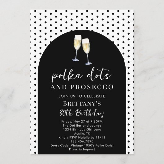 Champagne Polka Dots and Prosecco Birthday Party Kaart (Voorkant)