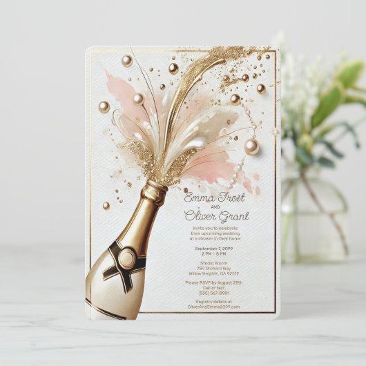 Champagne Pop Trouwdouche Blush en Gold Kaart (Staand voorkant)