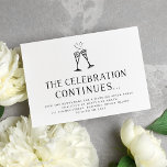 Champagne Pop | Weddenschap na uitnodiging<br><div class="desc">Hou het feest op! Het huwelijk na partijuitnodigingen in zwart-wit is een teken dat "de viering verdergaat" in zwarte typografie met je partijdetails eronder,  afgetopt door twee geïllustreerde champagne-fluiten die door een hart worden meegevoerd. Kaarten keren terug naar een botanische wijn- en budpatroon in zwart-wit.</div>
