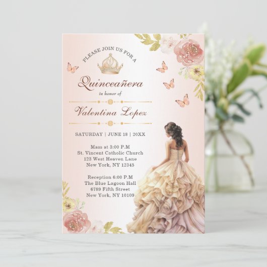 Champagne Prinses Jurk Quinceañera Verjaardag Kaart (Staand voorkant)
