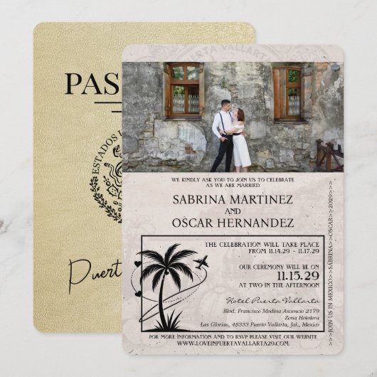 Champagne Puerta Vallarta Passport Wedding Kaart (Voorkant / Achterkant)