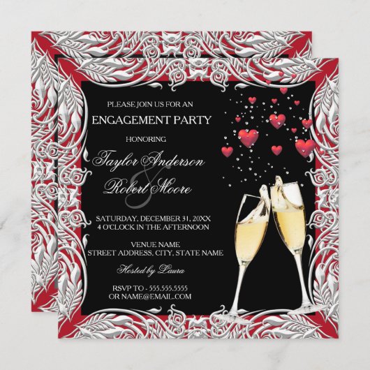 Champagne Red Heart Engagement Kaart (Voorkant / Achterkant)