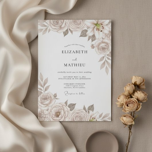 Champagne Refined Floral Wedding Kaart