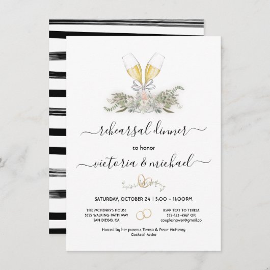 Champagne Rehearsal Dinner floral waterverf Kaart (Voorkant / Achterkant)