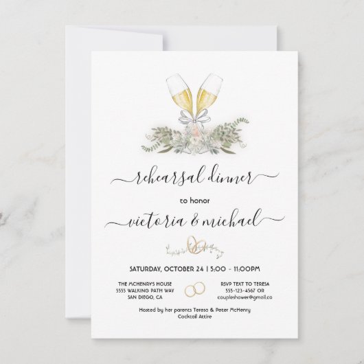 Champagne Rehearsal Dinner floral waterverf Kaart (Voorkant)