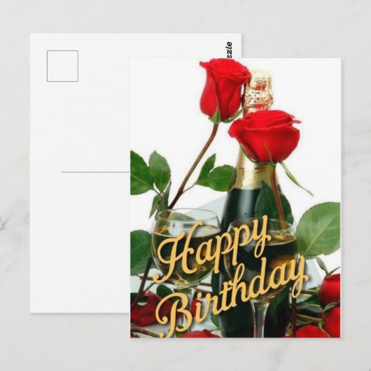 Champagne & Rode Rozen Verjaardagsansichtkaart Briefkaart (Voorkant / Achterkant)