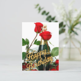 Champagne & Rode Rozen Verjaardagskaart Briefkaart