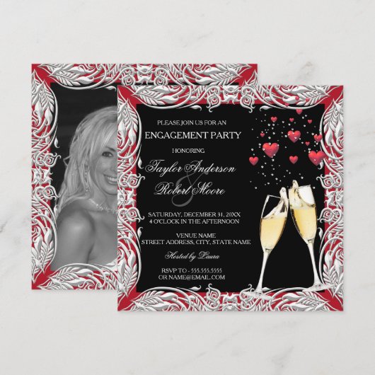 Champagne Rood Hart Verloving Feest Kaart (Voorkant / Achterkant)