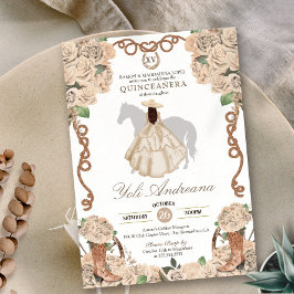 Champagne Roos Floral Charro Quinceanera Kaart
