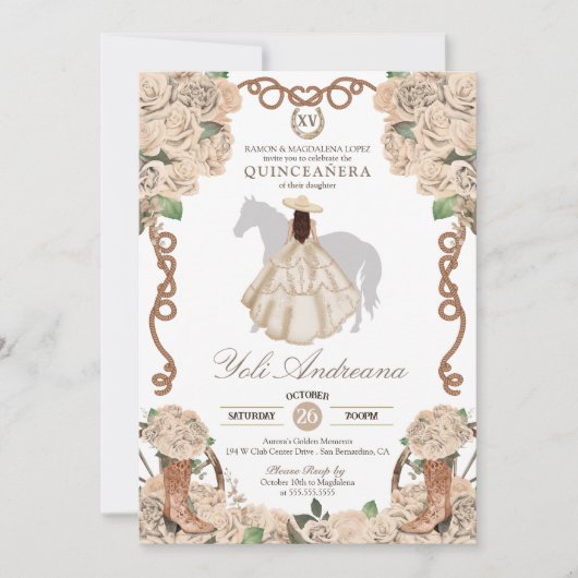 Champagne Roos Floral Charro Quinceanera Kaart (Voorkant)