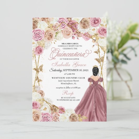 Champagne Roos Gold Butterfly Princess Quinceanera Kaart (Staand voorkant)