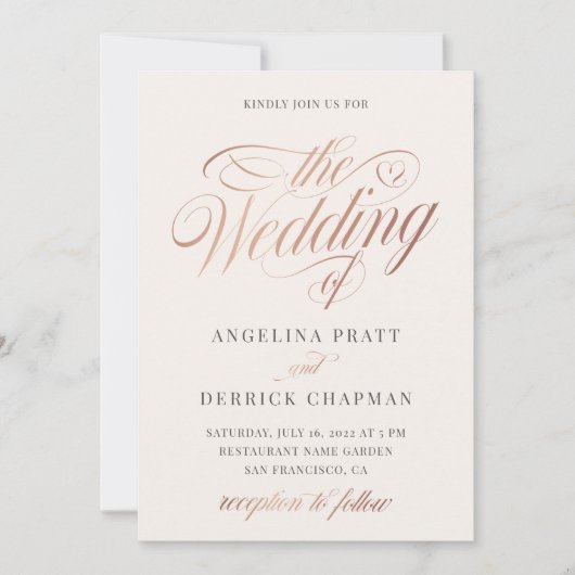 Champagne Roos Gold Ivory Calligraphy Wedding Invi Kaart (Voorkant)
