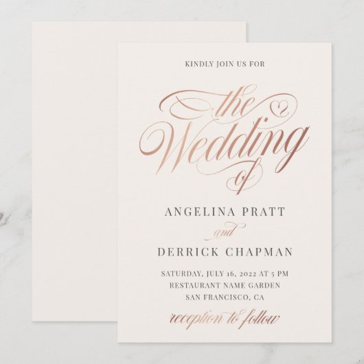 Champagne Roos Gold Ivory Calligraphy Wedding Invi Kaart (Voorkant / Achterkant)