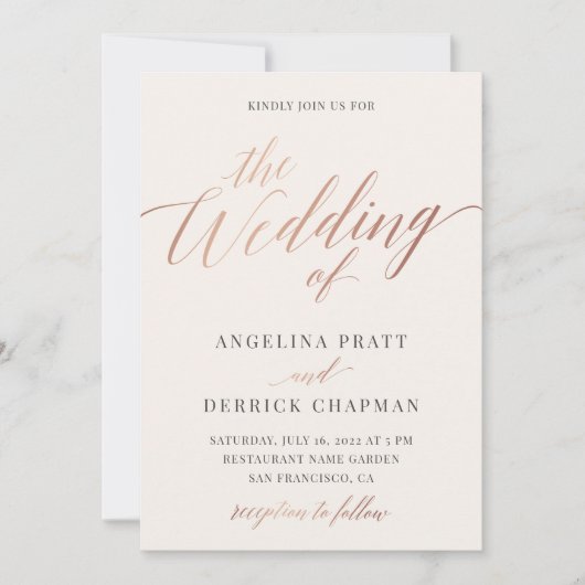 Champagne Roos Gold Ivory Calligraphy Wedding Invi Kaart (Voorkant)