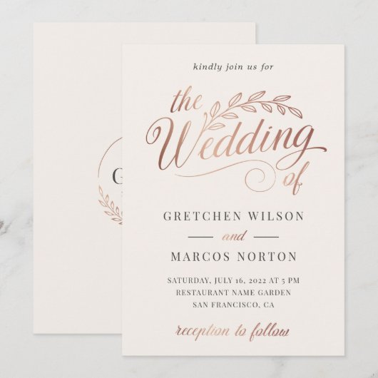 Champagne Roos Gold Ivory Calligraphy Wedding Kaart (Voorkant / Achterkant)