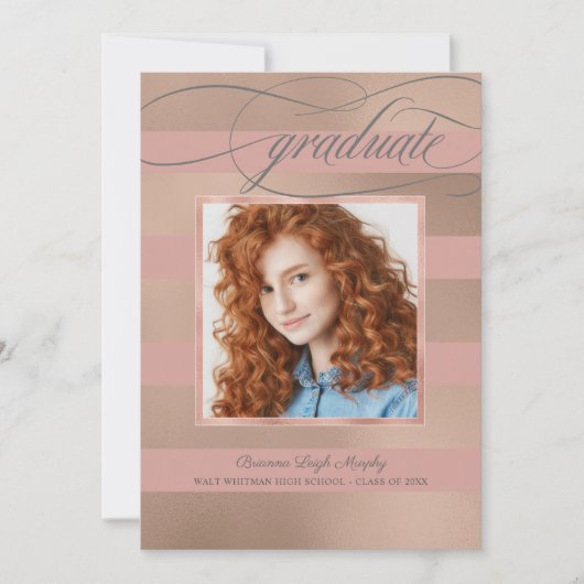 Champagne Roos Gold Stripes met foto Afstuderen Aankondiging (Voorkant)