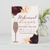 Champagne Roos Gouden Bloemen Repetitie Diner Kaart (Staand voorkant)