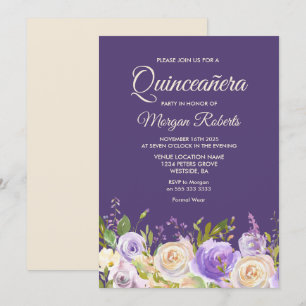 Champagne Roos Purple Flowers Quinceanera Party Kaart