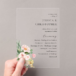 Champagne & Roze Bloemen Huwelijksceremonie Progra Acryl Uitnodigingen