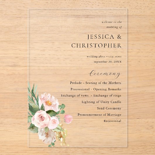 Champagne & Roze Bloemen Huwelijksceremonie Progra Acryl Uitnodigingen (Voorkant)