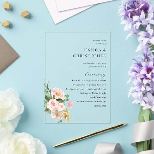 Champagne & Roze Bloemen Huwelijksceremonie Progra Acryl Uitnodigingen (Insitu (Huwelijk))