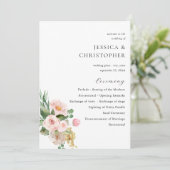 Champagne & Roze Bloemen Huwelijksceremonie Progra Kaart (Staand voorkant)