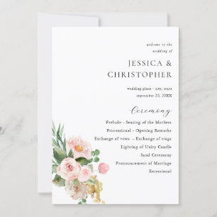 Champagne & Roze Bloemen Huwelijksceremonie Progra Kaart