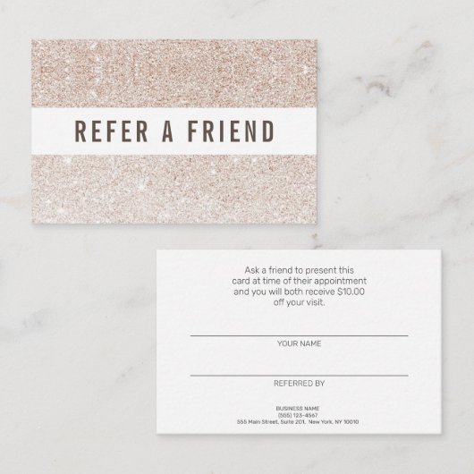 Champagne roze glitter Salon Referral Klant Visitekaartje (Voorkant / Achterkant)