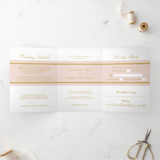 Champagne Roze & Goud Moderne Trouwsuite Drieluik Uitnodiging (Binnen)