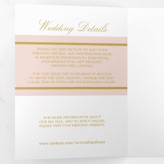 Champagne Roze & Goud Moderne Trouwsuite Drieluik Uitnodiging (Binnenzijde eerst)