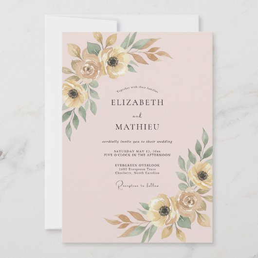 Champagne Roze Ranunculus Eucalyptus Bruiloft Kaart (Voorkant)