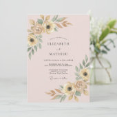 Champagne Roze Ranunculus Eucalyptus Bruiloft Kaart (Staand voorkant)