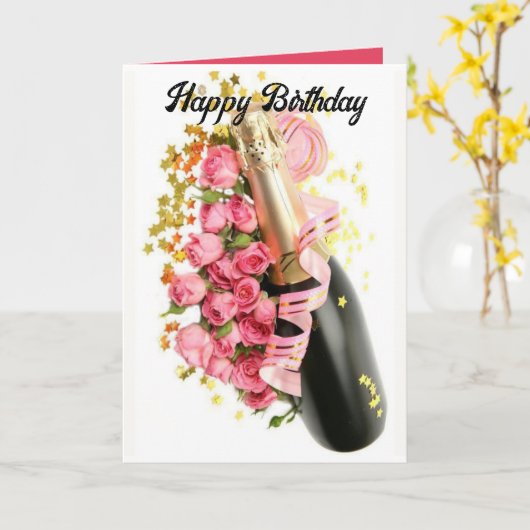 Champagne & Roze Rozen Verjaardag Kaart (Gele Bloem)